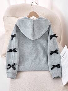 SHEIN Sparklyn 青少年女孩拉链连帽衫，新款秋冬长袖连帽运动衫，斑点灰色上衣，袖子上饰有平行黑色蝴蝶结，舒适修身休闲运动连帽衫，适合家庭/姐妹穿着 - 灰色 - 查看 2