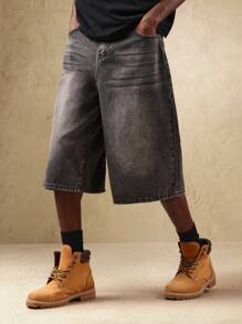 SUMWON 阔腿牛仔七分短裤 中腰宽松版型 日系都市街头风 水洗复古休闲七分短裤 夏季节日纯色 - 黑色 - 查看 2