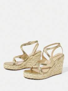 Styleloop Apricot Wedge Heel Thick Sole Sandals, Elegant Casual Vacation Party Date Wedding Banquet Bohemian Western Music Festival Wear - Gold - View 3