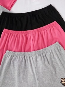 SHEIN Set de 3 piezas de pijama corto informal con estampado de corazón y letras, que incluye top de manga corta y shorts - Multicolor - Ver 6