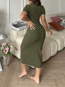 Olive Green Knitted Midi Lounge Dress With V Neck And Ribbed Design Green Bodycon Dress Olive Green Midi Dress Ribbed Knit Dress Women Dresses Bow Accent Dress - Olive Green - View 2