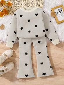 2 Stücke Set für Kleine Mädchen, lockerer Pullover mit Herz-Grafik, Rundhalsausschnitt und taillierte Schlaghose, Pullover-Sets für Mädchen, Strickset für Mädchen, zweiteiliges Set für Kinder, Pullover-Set mit Herz-Motiv für kleine Mädchen, Strickset für Kleinkinder, Winter-Sets für kleine Mädchen, süße Sets für Kinder, Schulanfang, Pullover-Sets für Kleinkind Mädchen, Kombiset für Mädchen, Kleidungssets für Mädchen, Herbstpullover - Aprikosenfarben - Übersicht 6