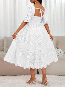 SHEIN Lady Damen Stickerei Jakobsmuschelkragen Kurzarm Elegantes mittellanges Kleid Weißes Ösenkleid Weißes Vintage-Kleid Milchjungfrau-Kleid Damen Cottagecore-Kleid Bridgerton Tea Party-Kleid