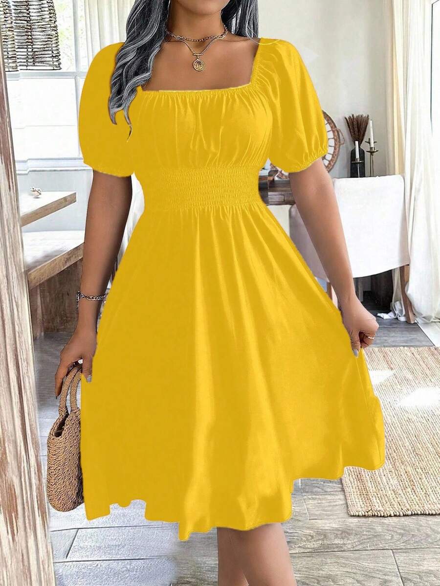 Breezaya 1 件装 女式方领泡泡袖褶皱腰绿色连衣裙，春夏 - 黃色 - 查看 1