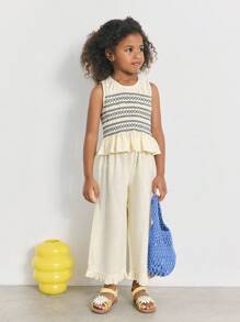 Maija Kids Bộ 2 món/bộ áo ba lỗ cổ tròn viền bèo nhún thường ngày mùa hè cho bé gái và quần dài - Màu be - Xem 3
