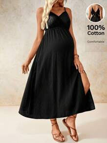 SHEIN 孕妇休闲纯色侧开衩系带露背吊带裙，适合节日穿着