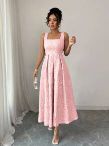 Rafferiza Women's Elegant Minimalist Blue Jacquard Square Neck Spaghetti Strap Dress, Summer - Pink - View 5