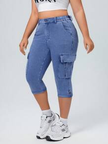 SHEIN Unity Plus Size High Waist Casual Capri Denim Jeans, Summer - Blue - View 6