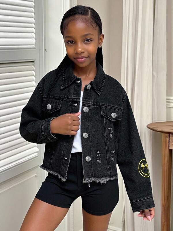 Tween Girls Casual Ripped Chic Floral Embroidered Colorful Face Cropped Jacket, Distressed Street Style, Versatile Pair With Skirts Or Jeans For Sweet Or Sporty Look
