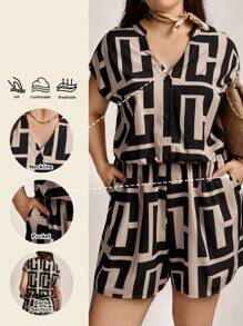 Zelara 加大码夏季舒适修身 Navycore 连体裤，带不对称几何印花，休闲装，女士休闲风礼物，女士航海休闲装，沿海航海装 Navycore 连体裤，假日装，女士 Sun Chillax 连体裤