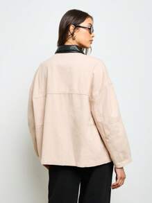 超大号实用工作夹克复古街头潮流撞色领秋冬过渡外套工作服休闲现代 - 杏色 - 查看 2