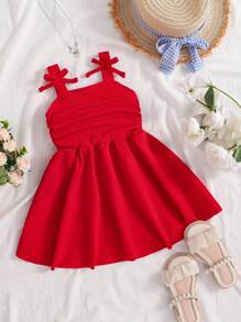 Elladie kids فستان إناث رضع أنيق ذو لون واحد، مع شريط كتف قابل للتجعد على شكل فيونكة ثلاثية الأبعاد، مناسب للمناسبات الرسمية والحفلات الخارجية، للربيع والصيف - الأحمر - مشاهدة 8