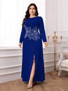 Modelyn 女式加大码优雅休闲收腰开衩下摆长袖连衣裙 - 寶藍色 - 查看 3