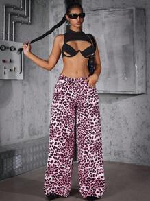 SHEIN ICON Women's Leopard Print Pocket Wide Leg Loose Casual Jeans - Blue - View 5