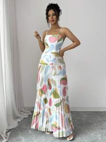 Elenzga 细肩带印花腰部褶皱宽松长款休闲连衣裙 - 彩色 - 查看 3