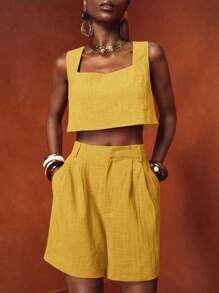 Zivah Bộ 2 món: Áo cổ vuông không tay và quần short trơn màu có họa tiết, Phù hợp cho kỳ nghỉ, Thường ngày, Đi làm, Ngày của Mẹ, Đám cưới, Lễ hội âm nhạc, Cocktail, Câu lạc bộ, Xuân/Hè 2025, Bộ đồ hai mảnh màu đỏ nâu/Vải lanh/Bộ đồ hai mảnh màu vàng/Bộ đồ hai mảnh mùa hè cho nữ - Màu vàng - Xem 3