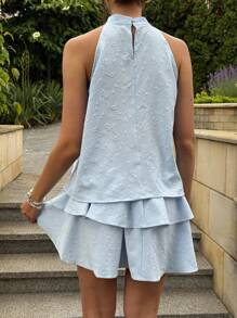 Aloruh Vestido corto para mujer con cuello de halter, volantes y estampado floral jacquard