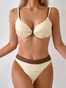 SHEIN Swim Women's Simple Textured Fabric Wire Supported Bikini 2 Pieces Swimwear, Casual Beach Holiday For Summer Beach Vacation - Multicolor - View 4