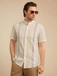 HIMLAND Men's Holiday Casual Printed Patchwork Stand Collar Short Sleeve Shirt