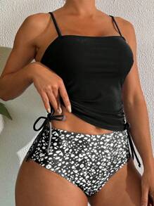 SHEIN Swim Fashionable Women Strappy Drawstring Bowknot Tankini Bikini Set Set, Summer - Black and White - View 1