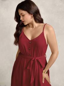 SHEIN LUNE Plus Size Women's Apricot Textured Fabric Side Split Long Dress Comfortable Cotton