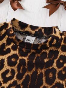 Emery Rose Kids Emery Rose Kids Rochie de fetiță, casual, minimalistă, confortabilă, cu guler înalt, mâneci raglan, cu imprimeu leopard - Negru - Vizualizare 6