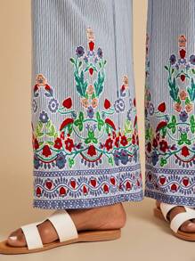 SHEIN VCAY Women'S Striped Pants With Floral Embroidery - Multicolor - View 5