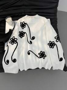 Firerie Plus Size Women Floral Embroidered Drawstring Neck Casual Long Sleeve Sweater Fall/Winter - White - View 13