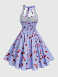 Sweetra Plus Size Halter Waist Cinching Cherry Print Sleeveless A-Line Dress - Multicolor - View 2