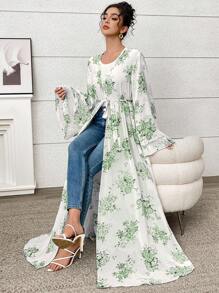 Yasmyna 女式花卉印花喇叭袖阿拉伯风上衣外套 - 綠色 - 查看 3