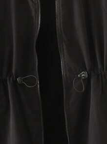 SHEIN 青少年女孩休闲简约舒适连帽中长抽绳夹克，秋冬 - 黑色 - 查看 3