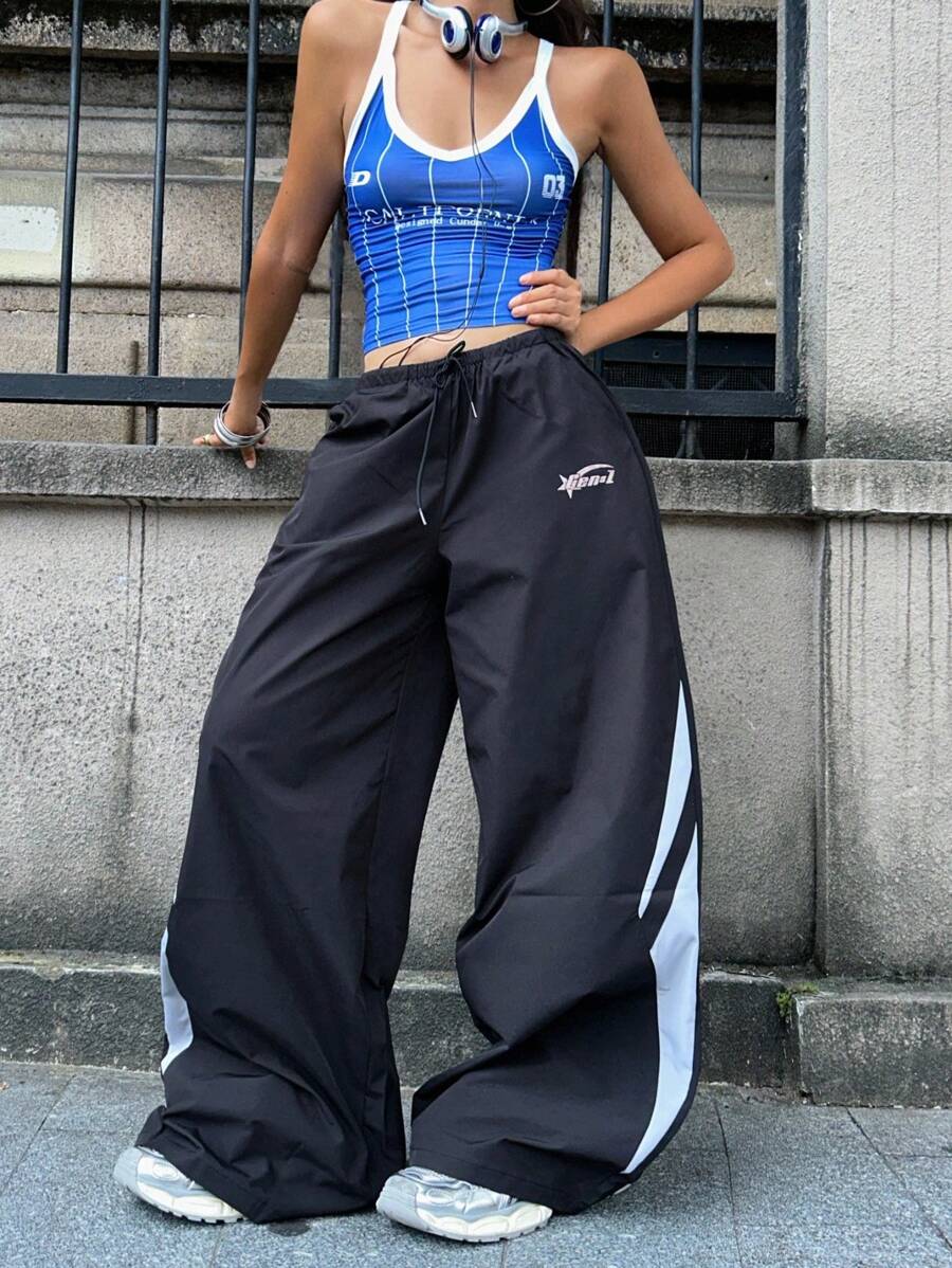 Coolane 女士夏季演唱会街头服饰外出撞色降落伞裤 - 黑色 - 查看 1