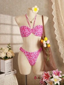 Swim Mod Women's Sweet Ditsy Floral Halter Tie Neck Ruched Swimsuit With Bottoms, Europe And America Fashion Holiday Beach Swimwear Set For Summer Beach Vacation