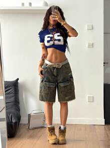 Coolane 女士夏季街头时尚 Y2K 闪亮水钻修身 T 恤 - 藏蓝色 - 查看 4