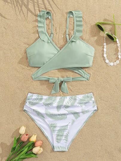 SHEIN Swim Conjunto de top de traje de baño tipo camiseta sencillo y moderno en verde y azul, con Bottom de traje de baño con estampado de hojas para mujer