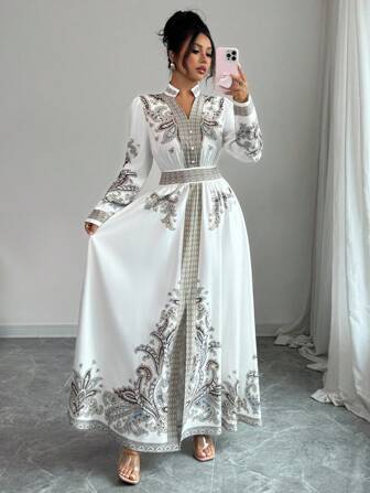 Rafferiza 度假宫廷风V领灯笼袖荷叶边下摆复古印花长连衣裙，女款，适合大学秋季穿着