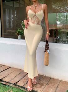DAZY 女士夏季撞色蕾丝修身性感吊带长裙，正式女士度假邮轮礼服 - 米色 - 查看 5