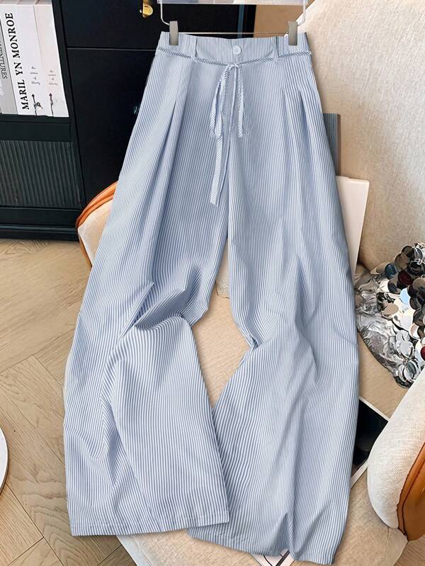Calvaya Pantalones anchos casuales de mujer talla grande con diseño de nudo de bambú a rayas azules, para primavera/verano
