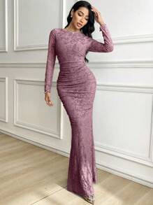 Veilorie Women's Round Neck Long Sleeve Jacquard Ruched Slim Elegant Dress - Purple - View 5