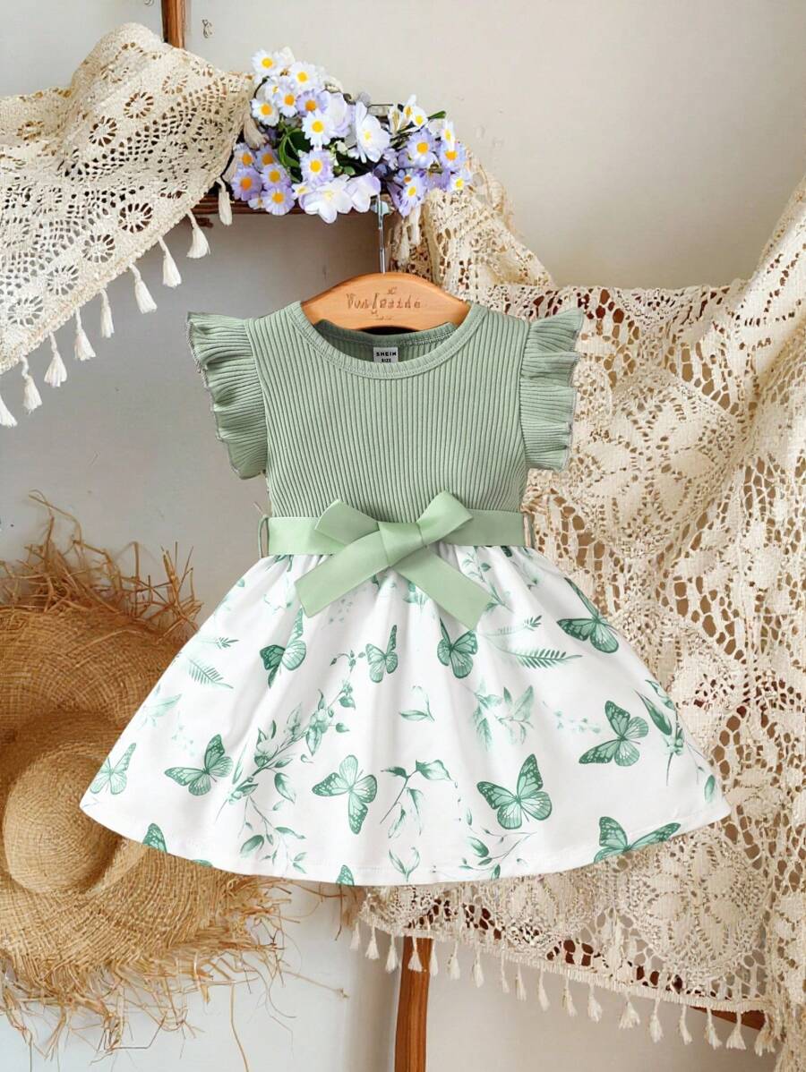 SHEIN Vintaside Kids 女婴休闲日常百搭可爱蝴蝶印花连衣裙配腰带，适合外出 - 綠色 - 查看 1