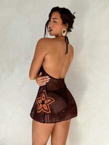 Aloruh Women Spring And Summer Vacation Crochet Brown Dresses