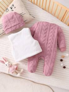 SHEIN 新生儿心形图案羊毛兔子背心和帽子套装，婴儿柔软毛绒服装套装 - 藕粉色 - 查看 2