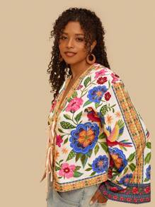 Travachic Blusa Cropped Solta com Mangas Morcego 3/4, Estampa Floral em Viscose, Amarração na Frente, Plus Size, Padrão Colorido de Papagaio e Flor para Blusas Boêmias de Férias Estilo Kimono