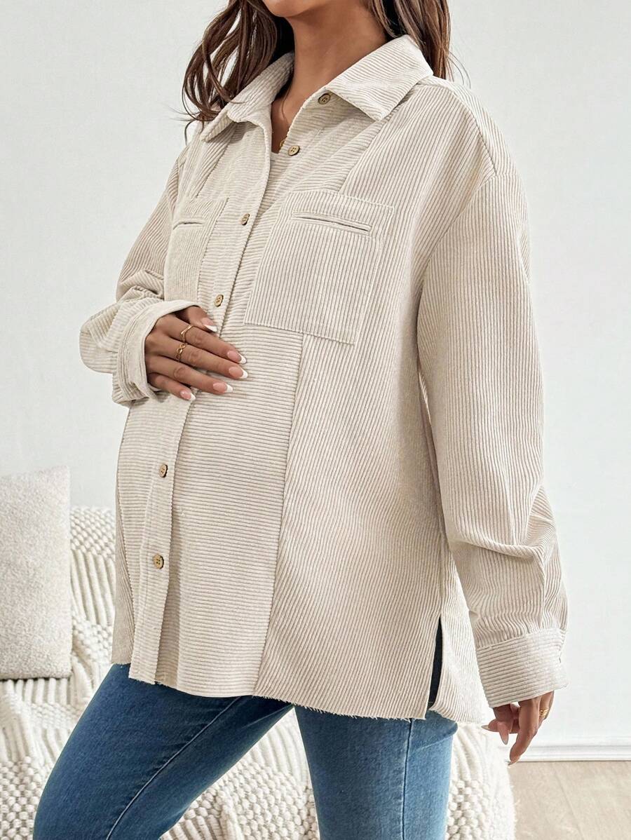 SHEIN 孕妇纯色前按扣口袋休闲长袖薄款夹克 - 杏色 - 查看 1