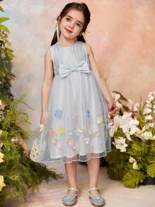 Dazy Kids Young Young Girls Round Neck Bow Flower Decor Party Birthday Dress - Baby Blue - View 4