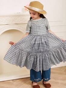 Dazy Kids 女孩（年轻）格子荷叶边细肩带中长连衣裙，夏季分层装，韩版风格 - 淺灰色 - 查看 5