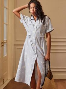 Écloséra Vintage Embroidered Blue Striped Polo Collar Long/Short Sleeve Fit And Flare Dress For Women, Elegant And Simple Design For Summer