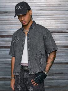 AXEPEAK Men's Casual Water-Washed Cross Print Short Sleeve Denim Shirt, Summer - Grey - View 1