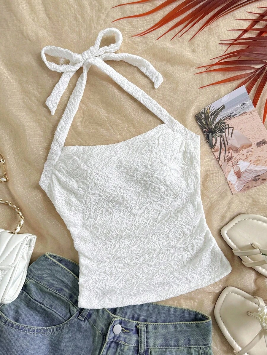 SHEIN Tween Girls' Casual Simple Comfortable Criss-Cross Neck Ruched Waist Design Camisole - White - View 1