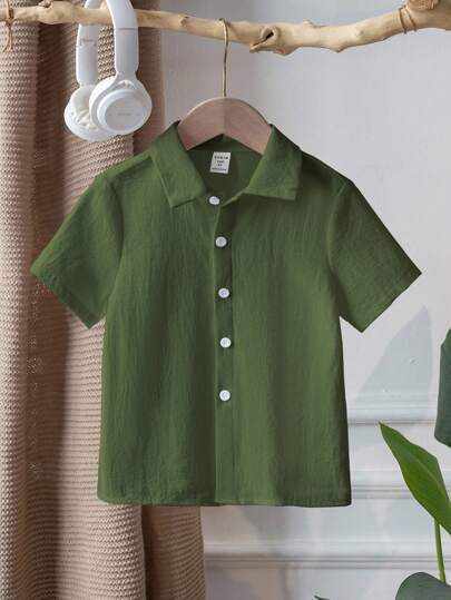 Young Boy Cotton Linen Short Sleeve Military Green All-Match Versatile Shirt, Suitable For Daily Wear